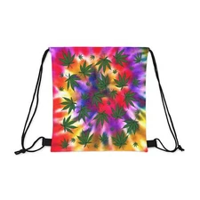 Outdoor Drawstring Bag Green Pot Leaf Tie-Dye Design 14"x13"