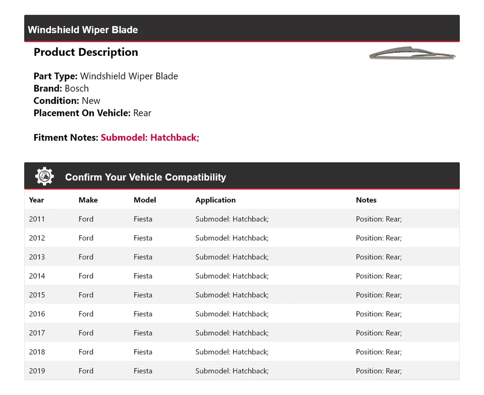 Заднее стеклоочиститель ветрового стекла Bosch для Ford Fiesta хэтчбека 2011-2019 годов выпуска 2012 2013 годов выпуска - Изображение 2 из 3