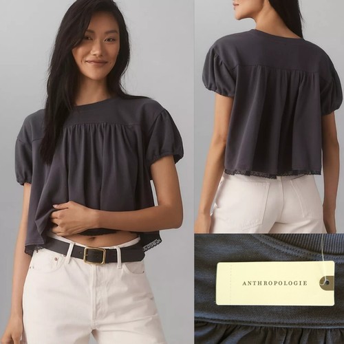 Anthropologie Maeve Puff-Sleeve Swing Top Dark grey Size Small NWT $88