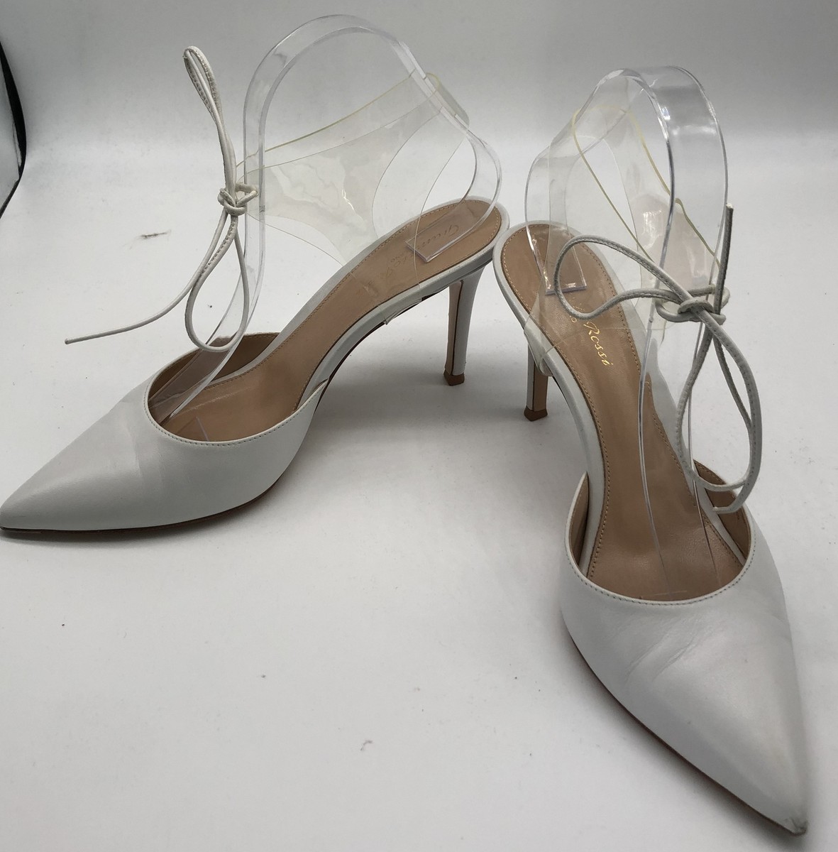 Gianvito Rossi PVC+Leather Pointed Toe Lace Up Heels in White sz