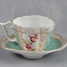 Meissen Quatrefoil Porcelain Cup & Saucer, Hand Painted Flowers Turquoise c1900