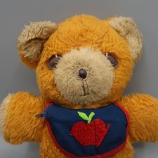 1975 Fisher Price Orange Teddy Bear Plush Stuffed Animal Apple Bib Squeaks 418