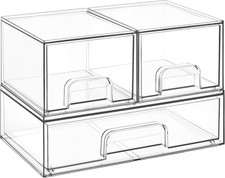 Stackable Storage Drawers Set of 3,Clear Plastic Organizer Bins for Makeup, Cosm