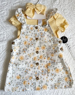 NWT Nicole Miller Yellow Floral Jumper Set Dress Outfit Size 18 Months