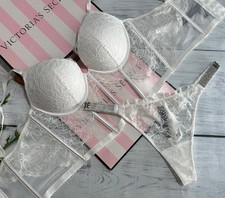 Victoria's Secret Push Up Bra Top Longline Corset Thong "Bride" Set White