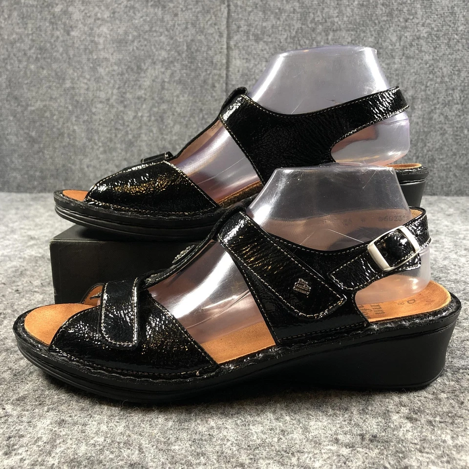 Finn 舒适凉鞋女式 8 码黑色漆皮楔形露背 — 第 3/4 张图片