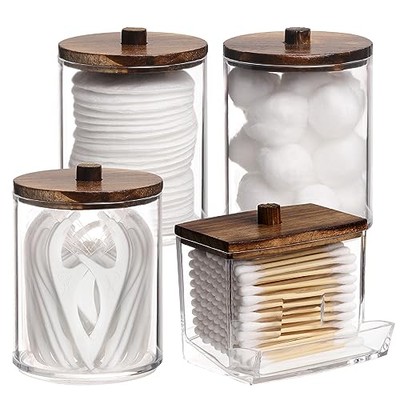  4 Pack Qtip Holder Bathroom Container, 10/7oz Cotton Group A-Brown Wood