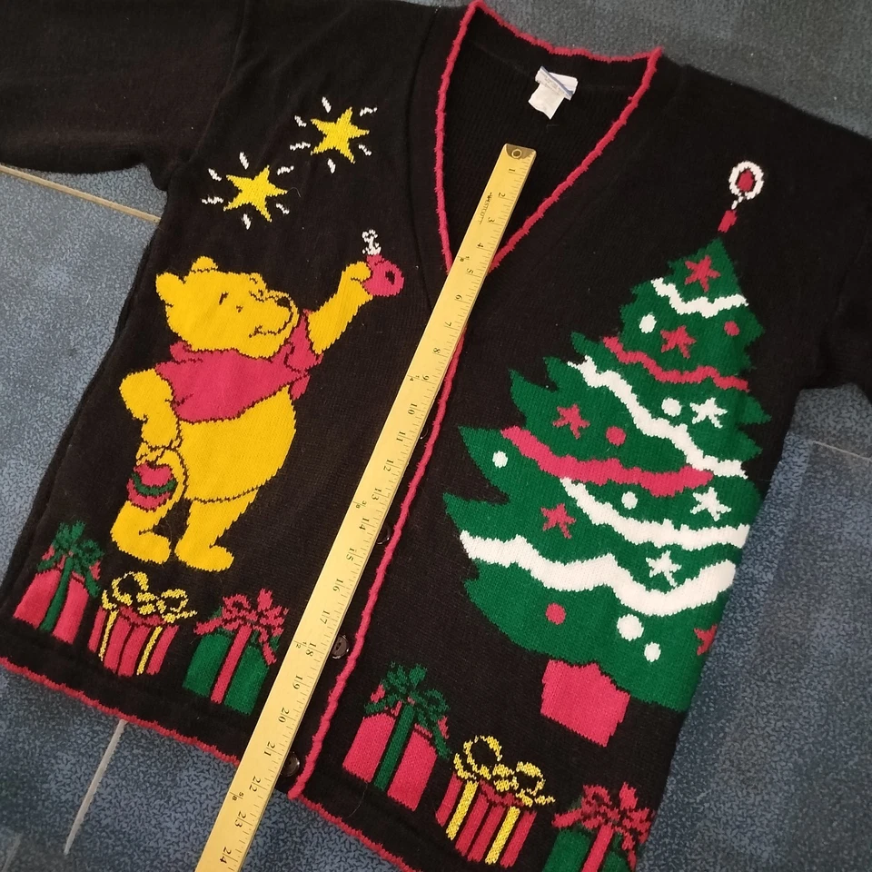 Vintage 90s Disney Winnie The Pooh Christmas Tree Cardigan Sweater Womens Sz L - Image 3 of 4
