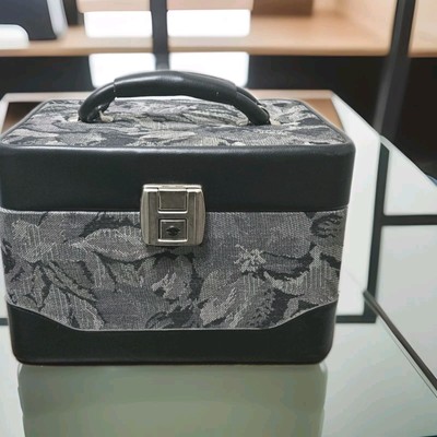 Vintage große schwarz und grau Blumen Gobelin Kosmetiktasche Schmuckkästchen Reisetasche