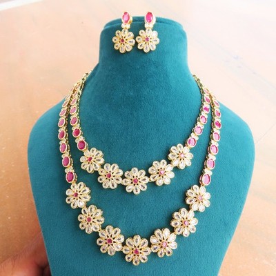 Gold Plated American Diamond CZ Two Layer Necklace Set Indian Jewelry set -BL57