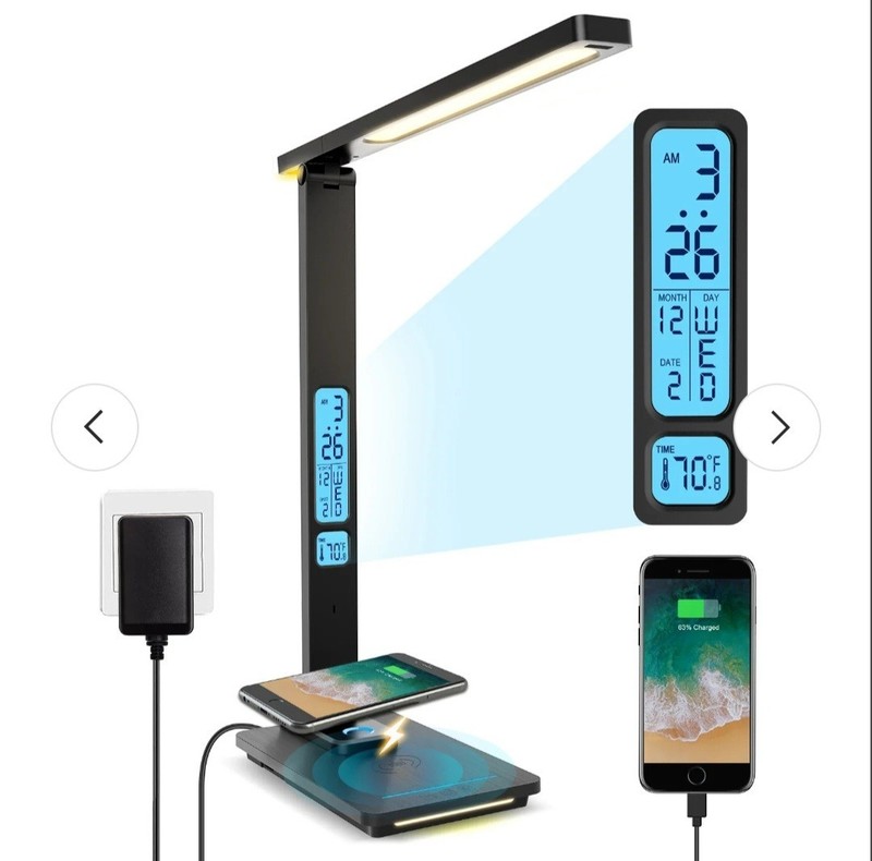 LED Desk Lamp with Wireless Charger, USB Port, Clock, Dimmable - Home Office
