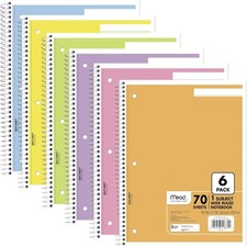 Spiral Notebook 6 Pack 1 Subject Wide Ruled Paper 7-1/2" x 10-1/2" 70 Sheets per