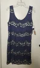 Pisarro Nights Blue Silk Beaded Sequin Sz 10 Sleeveless Side Zip Dress NWT Party