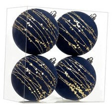 Navy Blue Velvet Christmas Balls Ornaments, 4PCS Large Flocked 3.94" Blue-3.94"