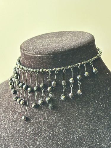 Vintage Black Glass Dangling Waterfall Bib Collar Choker Necklace - Picture 2 of 8