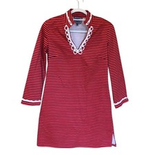 STS Red Navy Stripe Knit Tunic Dress Lace Trim V Neck 3/4 Sleeve Women's M