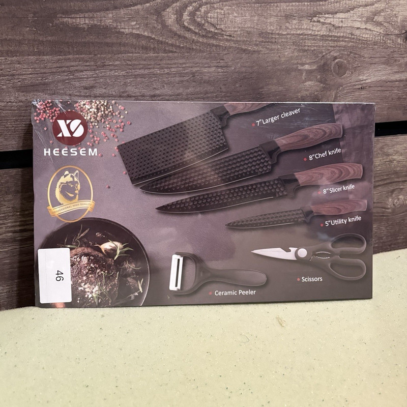 HEESEM 7pc Kitchen Knife Set Cleaver Chef Slicer Utility Scissors Wood Handle