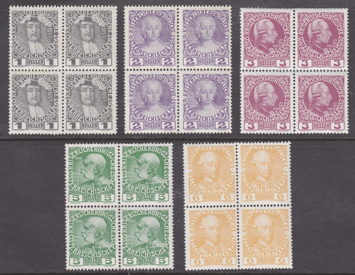 Austria Sc 110a-114a MNH. 1908-1913 definitives, blocks of 4 on