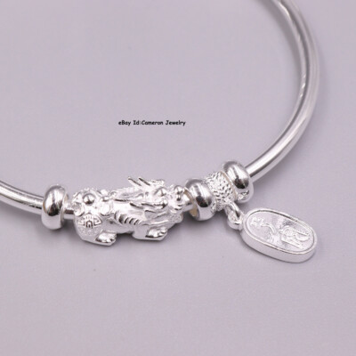 Solid S999 Fine Silver 999 Bracelet Wealth Pixiu Adjust Bangle