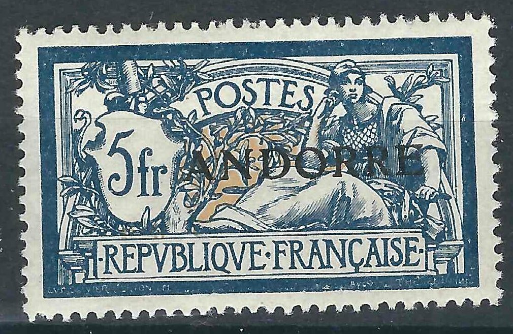 アンドラティア France Andorra Stamps 20 Y&T1, 5Fr Blue & Yell MVLH F/VF 1931 SCV