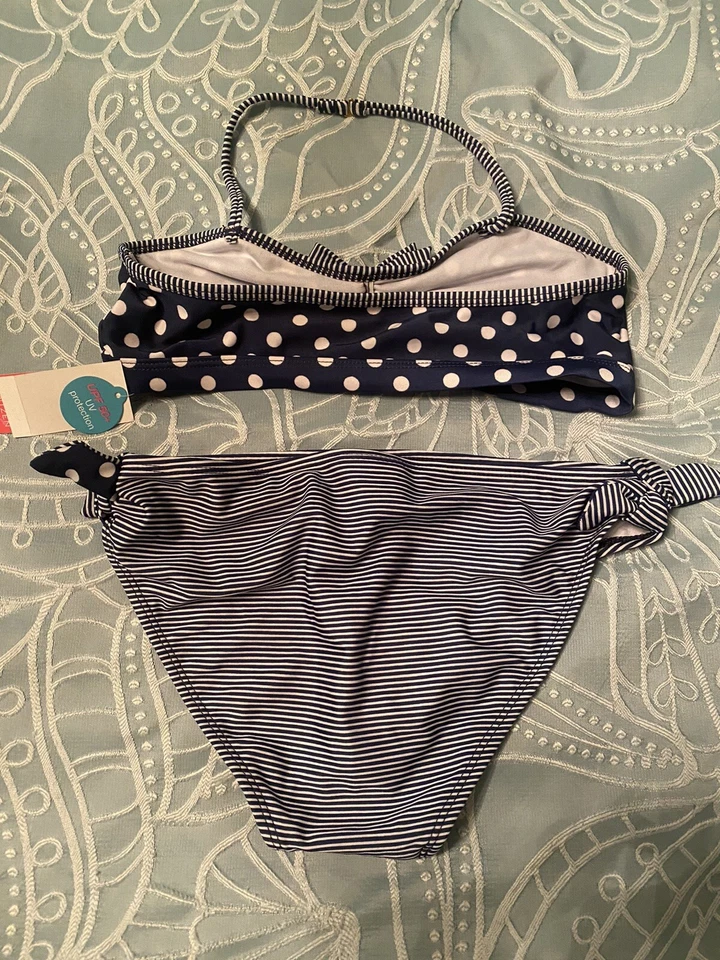 NUEVO Bikini Jantzen Niñas Talla 14 Azul Rayas Lunares Halter 2 Piezas UV+ Traje de Baño Foto 2 de 4