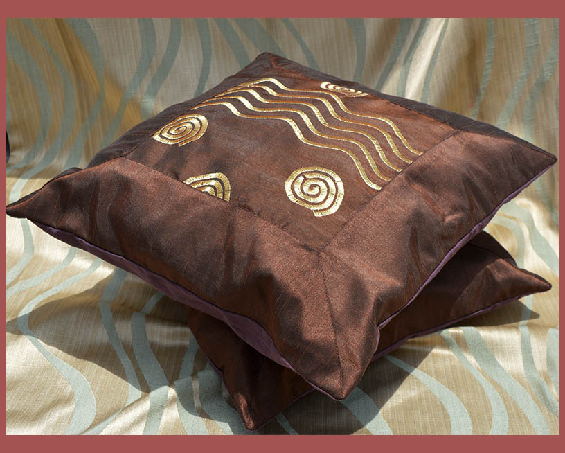 Embroidered handmade Brown silk square pillow cover from Craft Options