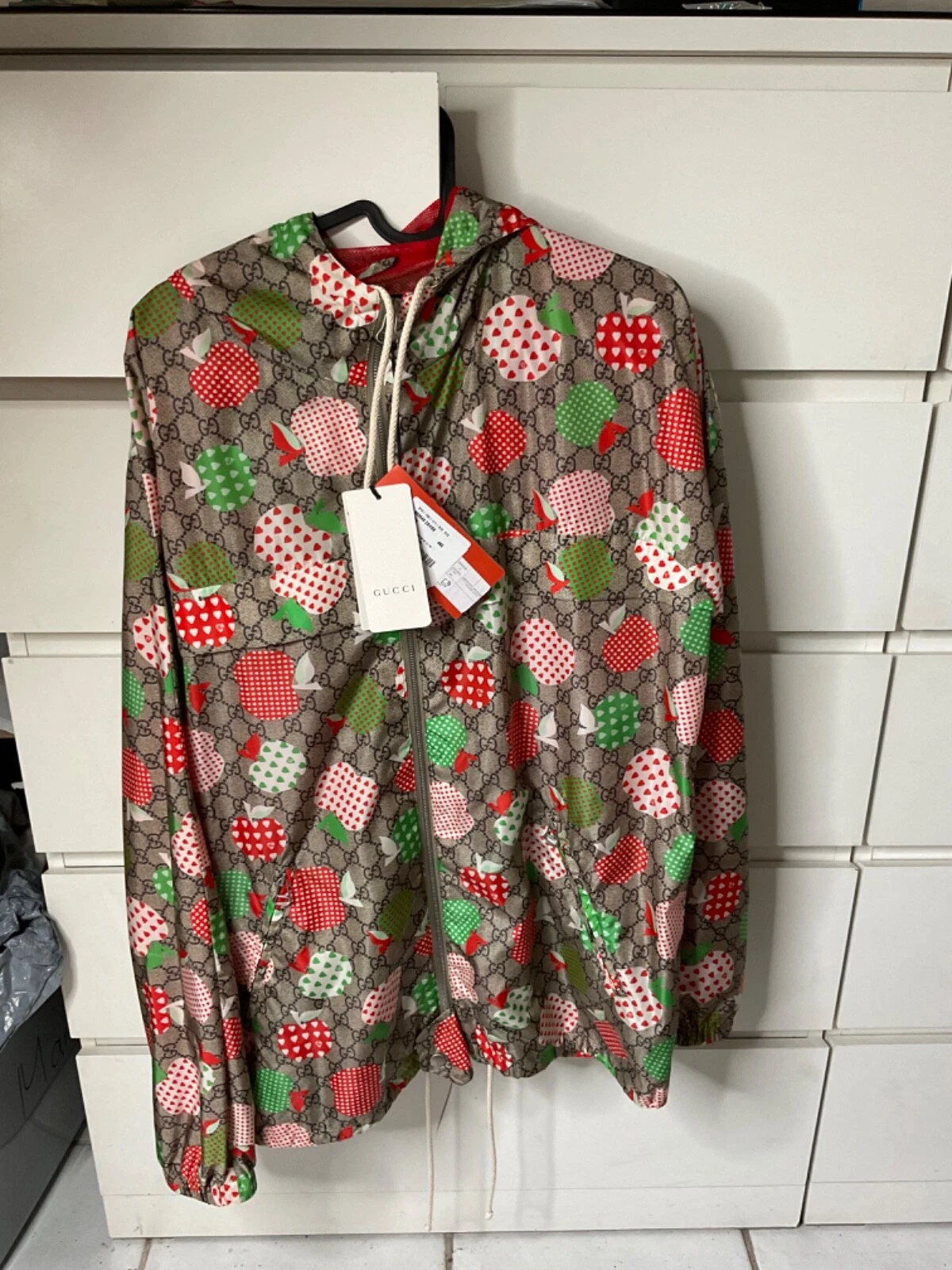 ❤️❤️VESTE GUCCI HOMME GG SUPREME APPLE HEARTS LES POMMES IMPRIMÉ À CAPUCHE taille 48❤️❤️