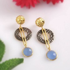 Hammered Designer Blue Chalcedony Dual Tone Earrings Wedding Jewelry Gift