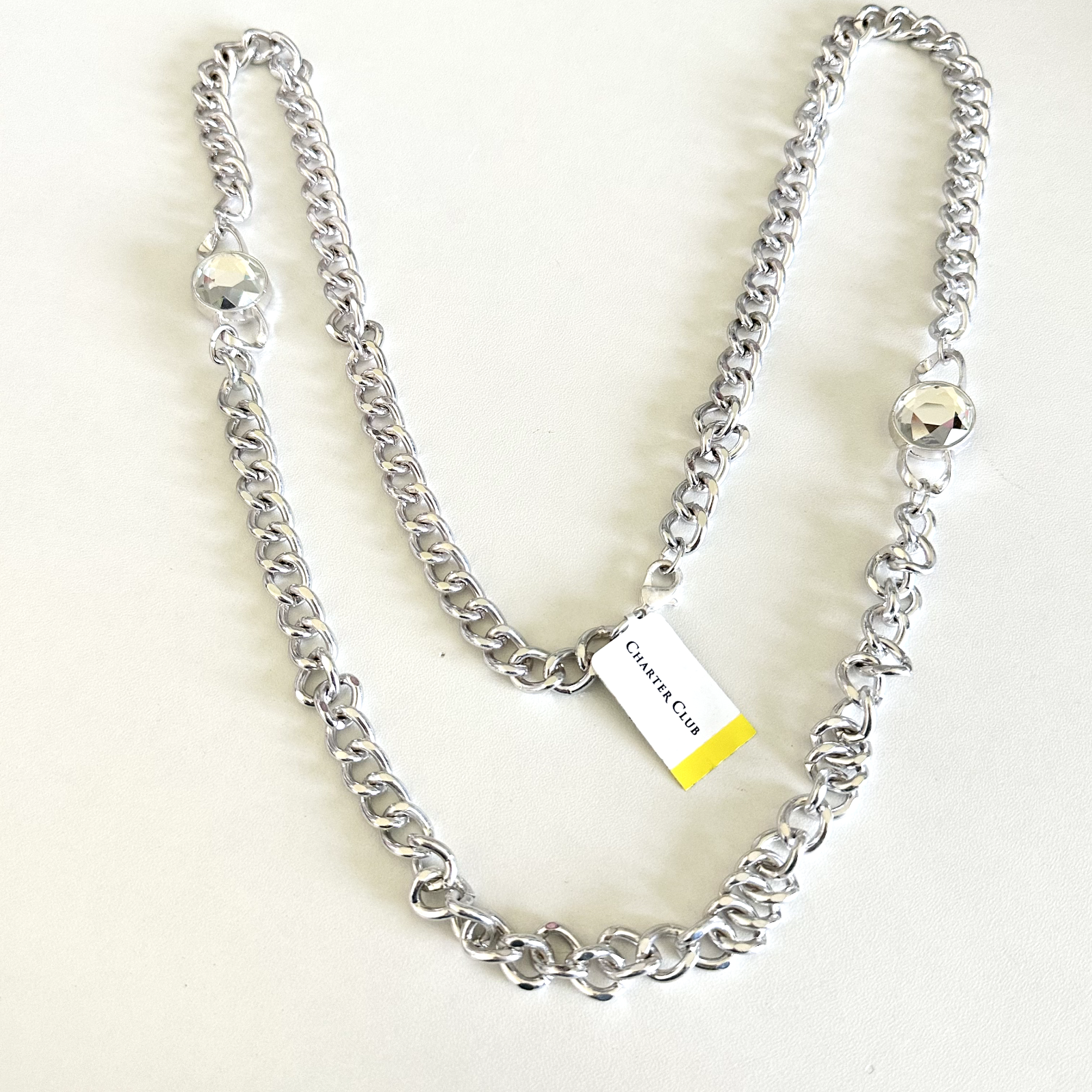 Charter Club NWT Clear Rhinestone Silver Tone Long Chunky Curb Necklace 36