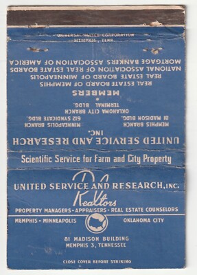 MATCHBOOK COVER - UNITED SERVICE & RESEARCH REALTORS - MEMPHIS TENNESSEE