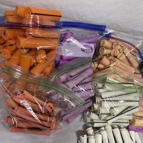 As Is Huge Lot Vintage Perm Rods 2 Sizes Orange Grey White Blue Purple Curlers - Picture 2 of 8