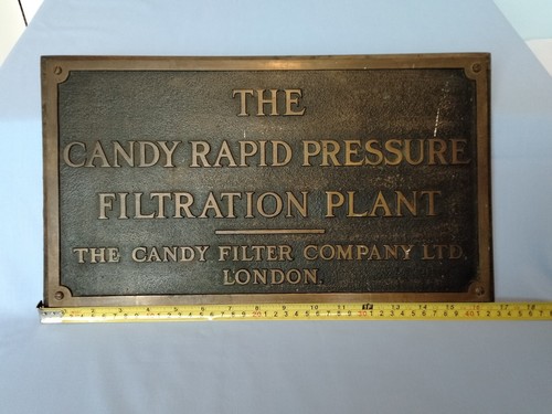 Antique bronze & wood Plaque CANDY RAPID PRESSURE FILTRATION PLANT CO LTD LONDON - Picture 17 of 18