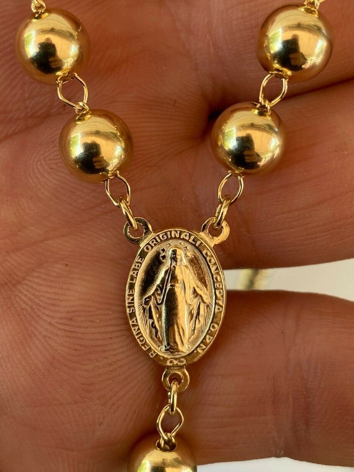 14k Gold Plated Solid 925 Silver Men's Rosary Beads Necklace Rosario ...