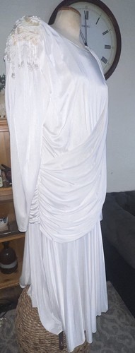Vtg 80s Grecian Draped Flapper Dress Gatsby Mature Wedding Bride Dress Bead L - Picture 4 of 9
