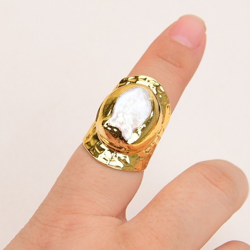 Cultured White Keshi Pearl Gold Plated Finger Ring Adjustable Rings For Women - Picture 12 of 13