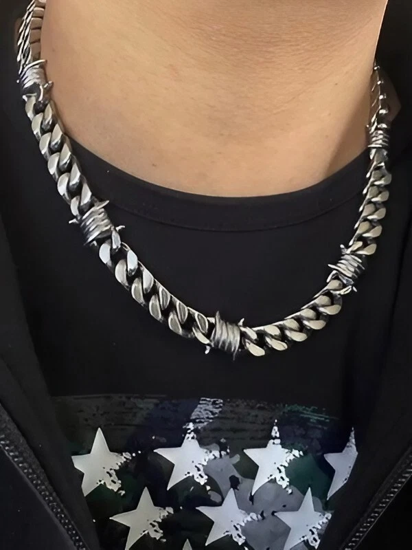 Collar de alambre de púas, cadena cubana, acero inoxidable 316L, joyería punk Foto 2 de 4