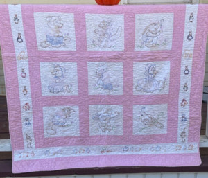 Antique Hand Made Beatrix Potter Baby Quilt Animals & Elfs 44 X 53 Dogs