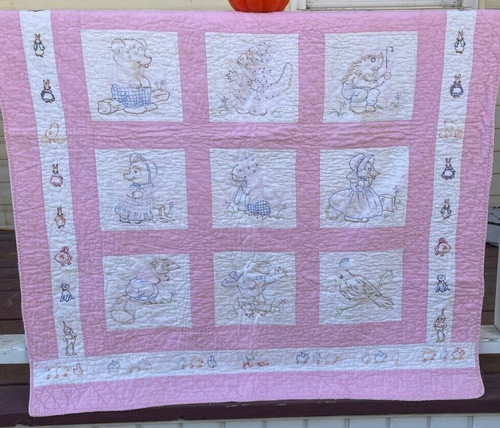 Antique Hand Made Beatrix Potter Baby Quilt Animals & Elfs 44 X 53 Dogs