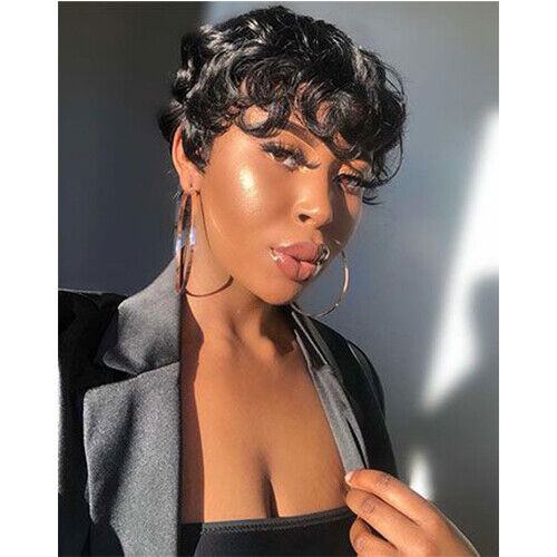 Short Pixie Cut Wigs Black Human Hair Wigs Short Curly Wave No Lace Wigs Wear