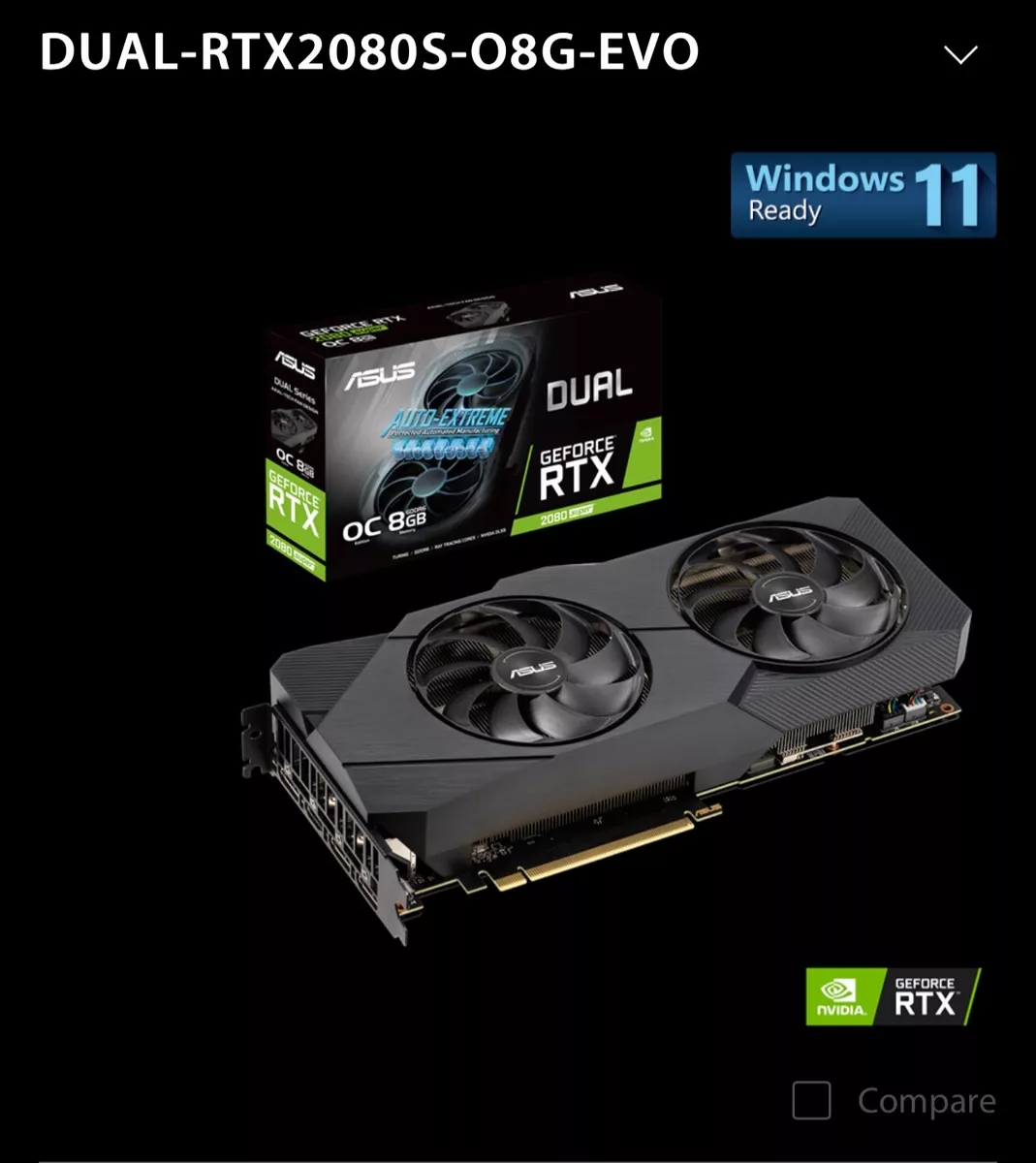 ASUS GeForce RTX 2080 8GB GDDR6 Graphics Card (DUAL-RTX2080-O8G)