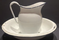 Vintage 16" Dia White Enamelware Basin Bowl /Wash Pan & 8" Tall Pitcher