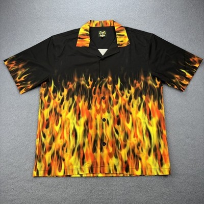 Benny's Shirt Mens M Flames Fire Button Black Rocker Hawaiian Bowling Polyester