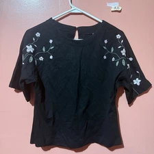 H&M Womens Blouse XS Extra Small Black Top Floral 3/4 Sleeve Shirt