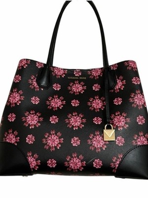 MICHAEL KORS Black/Ultra Pink Floral Mercer Corner Studio Top Zip Tote