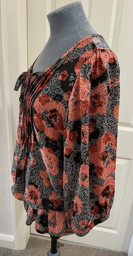 Wallis Size 14 Orange & Black Floral Pleated Tie Front Top Holiday Cruise - Picture 4 of 11