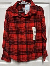 Cat Jack Boy's Small 6-7 Flannel Long Sleeve Button Down Shirt Red Plaid