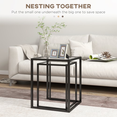 Nesting Tables Set of 2, Side End Table with Tempered Glass Top, Black - Picture 3 of 11