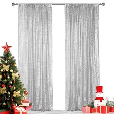 2 Panels 2x8ft Silver Sequin Glitter Backdrop Curtains Party Decor Set