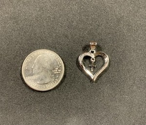 Sterling Silver Heart Shaped Pendant With Small Gemstones & Dangling Cross
