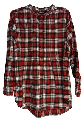 LANDS' END Women's 18W Flannel Plaid Pintuck Popover Roll Tab Sleeve Red Black